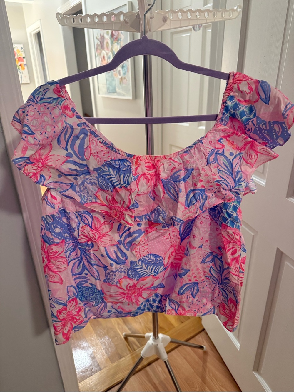 Lilly Pulitzer Pink & Blue Floral Ruffle Off-Shoulder Top
